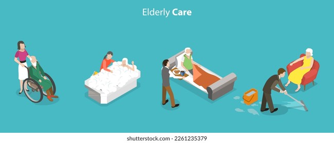 Ilustración conceptual de la atención a personas de edad, cuidadores que asisten a personas de edad avanzada