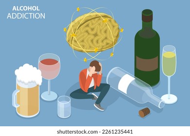 3D Isometric Flat Vector Conceptual Illustration of Alcohol Addiction Problem, Bad Habits