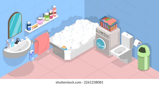 3D Isometric Flat Vector Conceptual Illustration of Bathroom Accessories, Personal Washroom Items