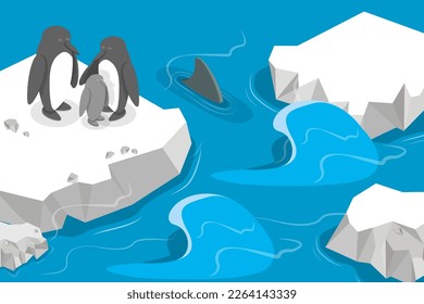 3D Isometric Flat Vector Conceptual Illustration of Antarctica Landscape, Snowy North Pole Winter View