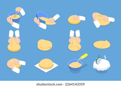 3D Isometric Flat Vector Conceptual Illustration of Preparing And Cooking Bakery Dough, Coocing at Home