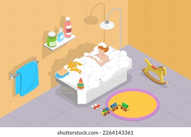 3D Isometric Flat Vector Conceptual Illustration of Kids Hygiene, Everyday Routine