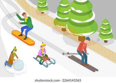 3D Isometric Flat Vector Conceptual Illustration of Ski Resort, Mountain Ski, Downhill Track