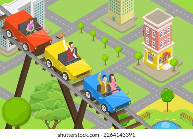 3D Isometric Flat Vector Conceptual Illustration of Rollercoaster Ride, Entertainment, Leisure andd Weekend Activity