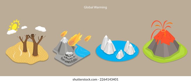 3D Isometric Flat Vector Conceptual Illustration of Global Warming, Drought, Volcano Eruption, Polar Ice Melting, Natural Disasters