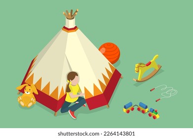 3D Isometric Flat Vector Conceptual Illustration of Kids Teepee Tent, Children Outdoors Activities
