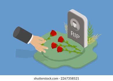 3D Isometric Flat Vector Conceptual Illustration of Visiting Cemetery, Gravestone or Tombstone