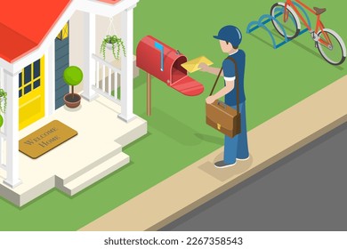 3D Isometric Flat Vector Conceptual Illustration of Postman, Post Delivery Service