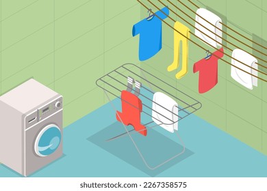 3D Isometric Flat Vector Conceptual Illustration of Washing And Drying, Home Laundry, Domestic Routine