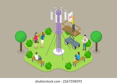 3D-Isometrisches flaches Vektordesign, Conceptual Illustration of 5G Technology, 5G Mast Base Stations