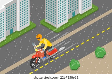 3D Isometric Flat Vector Conceptual Illustration of Riding On A Rainy Road, Drive Safely