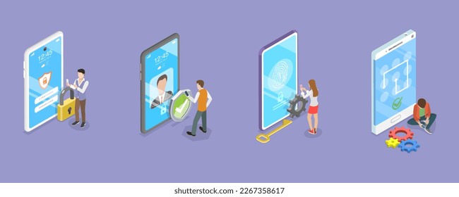 3D Isometric Flat Vector Conceptual Illustration of Biometrics Identification and Verification, Cyber Security Technologies