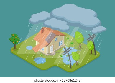 Isométrico Vector plano 3D Ilustración conceptual de la tormenta eléctrica y el desastre natural, daños en la construcción