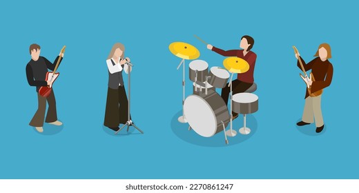 3D Isometric Flat Vector Conceptual Illustration of Rock Music Band, Singer Stage Performance