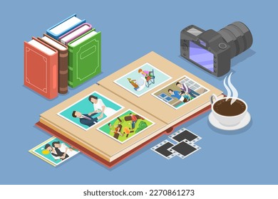 3D Isometric Flat Vector Conceptual Illustration of Photo Album, Happy Memory and Lifestyle