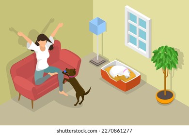 3D Isometric Flat Vector Conceptual Illustration of Pet at Home, People and Domestic Animals