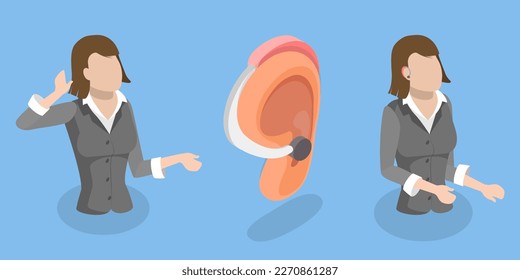 3D Isometric Flat Vector Conceptual Illustration of Deafness And Hear Aid, Hearing Assistence Technology