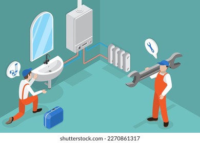 3D Isometric Flat Vector Conceptual Illustration of Professional Plumber, Repair of Heating System, Boiler, Heating Batteries