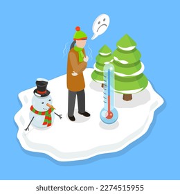 3D Isometric Flat Vector Conceptual Illustration of Cold Winter Season, Feeling Cold and Frozen