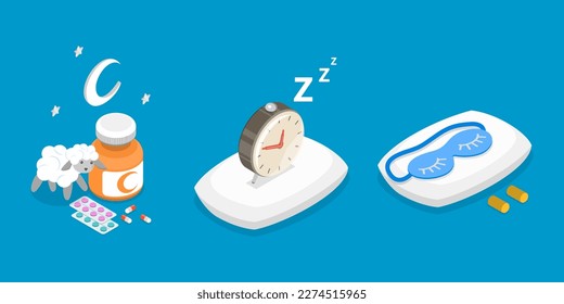 3D Isometric Flat Vector Conceptual Illustration of Better Sleep Tips, Bedtime Aid Items