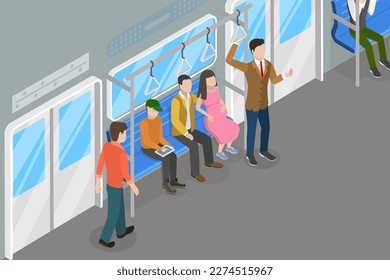 3D Isometric Flat Vector Conceptual Illustration of Public Transport, Persons in Train Interior