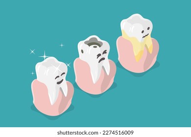 Isométrico Vector Plano 3D Ilustración conceptual de la caries dental, problemas dentales