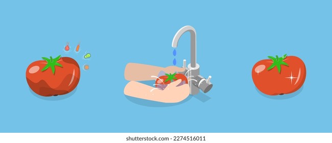 3D Isometric Flat Vector Conceptual Illustration of Vegetable and Frute Safety, Washing Food Before Eating