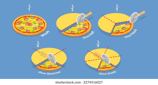 3D Isometric Flat Vector Conceptual Illustration of Mathematics for Kids, Cut Pizza Fractions