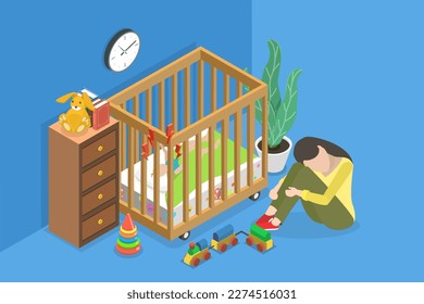 3D Isometric Flat Vector Conceptual Illustration of Mother Depression, Psychology Problem and Parent Difficulties
