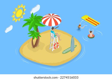 3D Isometric Flat Vector Conceptual Illustration of Beach Lifeguard, Professional Rescuer is Doing is Doing his Job