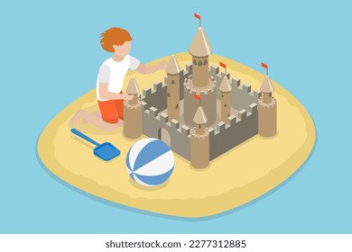 3D Isometric Flat Vector Conceptual Illustration of Kid Building a Sand Castle, Summer Vacation Entertainment