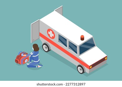 Ilustración conceptual del vector plano isométrico 3D de EMT, técnico médico de emergencia, paramédico