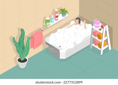 3D Isometric Flat Vector Conceptual Illustration of Taking a Bath, Hygiene and Beauty