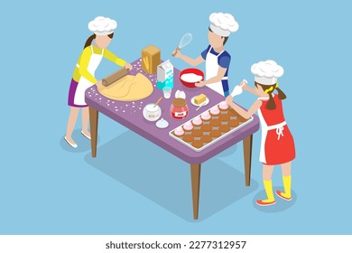 3D Isometric Flat Vector Conceptual Illustration of Kids Baking Cakes , Cooking Classes for Children