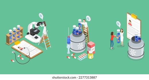 3D Isometric Flat Vector Conceptual Illustration of Egg Cell Cryopreservation, Surrogacy and Pregnancy