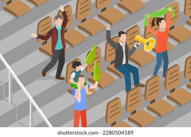 3D Isometric Flat Vector Conceptual Illustration of Cheerful Fans Watching a Match, Supporting a Sport Team