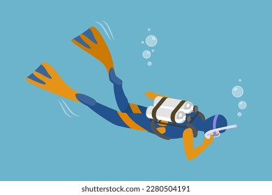 3D Isometric Flat Vector Conceptual Illustration of Scuba Diver, Underwater Marine Life