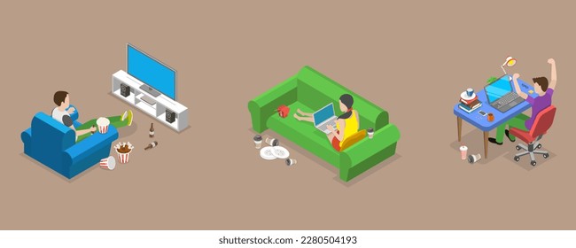 3D Isometric Flat Vector Conceptual Illustration of Sedentary Lifestyle, Bad Habits