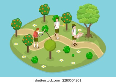 3D Isometric Flat Vector Conceptual Illustration of Scout Kids, Hiking and Camping