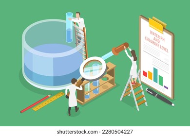 3D Isometric Flat Vector Conceptual Illustration of Testing Water PH And Chlorine Level, Pool Maintenance Service