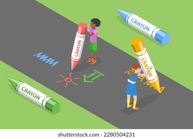 3D Isometric Flat Vector Conceptual Illustration of Crayon Drawing, Group of Happy Children are Having Fun