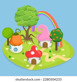 3D Isometric Flat Vector Conceptual Illustration of Fairytale Forest, Fantasy Houses