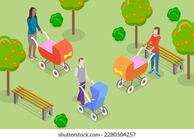 3D Isometric Flat Vector Conceptual Illustration of Parents Walk, Leisure Time in Park