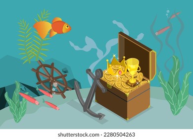 3D Isometric Flat Vector Conceptual Illustration of Underwater Treasure Chest, Mystery Box