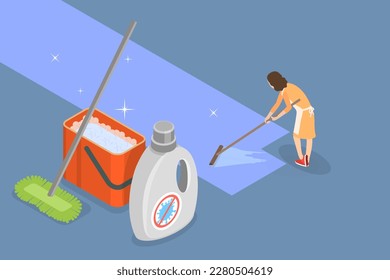 3D Isometric Flat Vector Conceptual Illustration of Floor Cleaning, Housekeeping, Housework Routine
