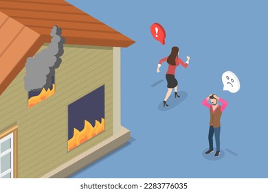 3D Isometric Flat Vector Conceptual Illustration of Fire Safety Activity, Fire Emergency Evacuation