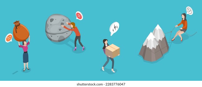 3D Isometric Flat Vector Conceptual Illustration of Strong Women, Pressure From Too Much Responsibility