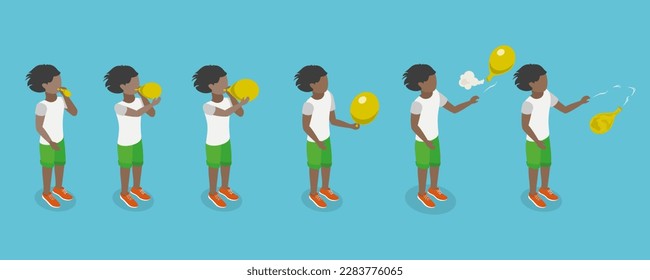 3D Isometric Flat Vector Conceptual Illustration of Balloon Inflation, Kid Blowing Air to a Balloon and Let it Out in the Air