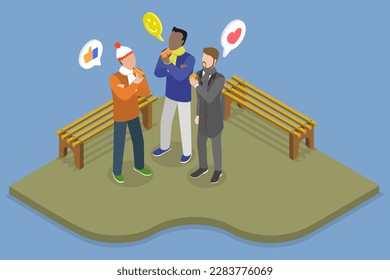 3D Isometric Flat Vector Conceptual Illustration of People Eating Street Food, Winter Snacks or Desserts