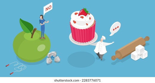 3D Isometric Flat Vector Conceptual Illustration of Healthy Diet, Refusing Unhealthy Food, Dieting and Healthy Lifestyle